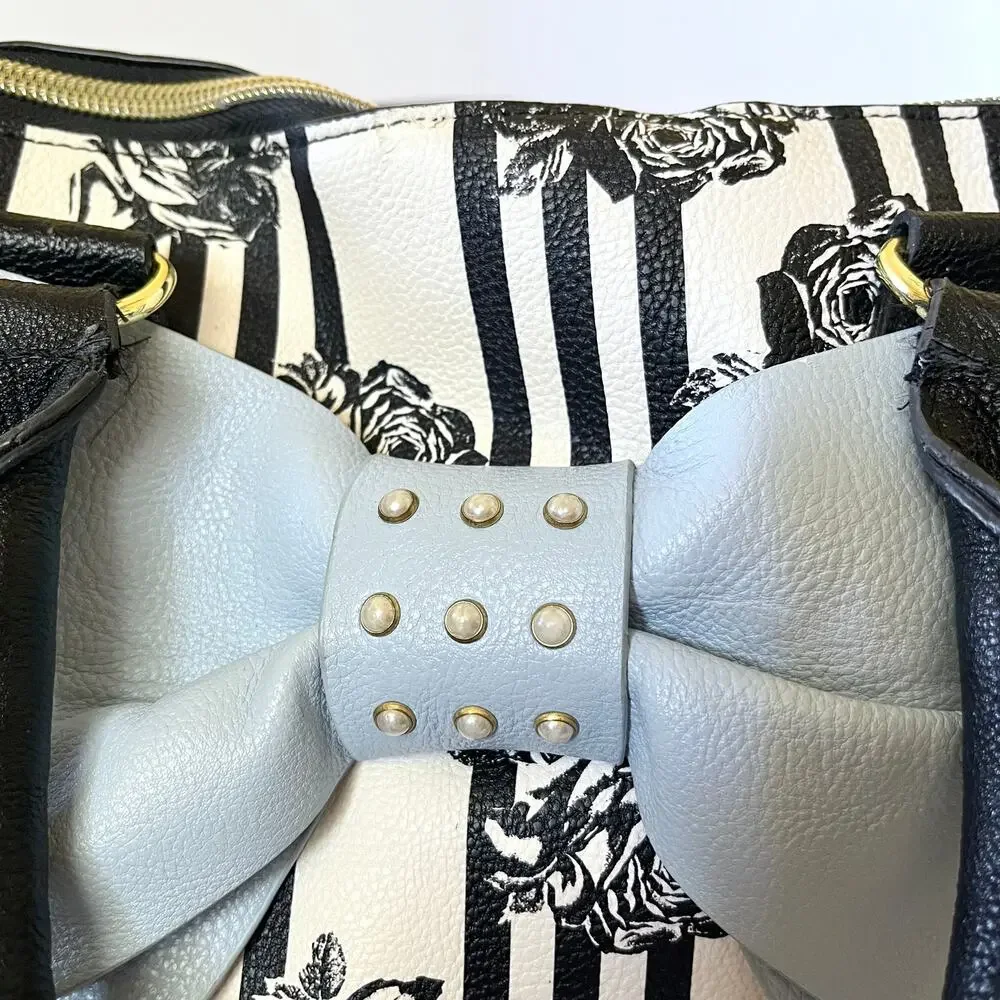 Betsey Johnson Blue Bow Faux Leather Floral Stripe Dome Satchel Bag Handbag